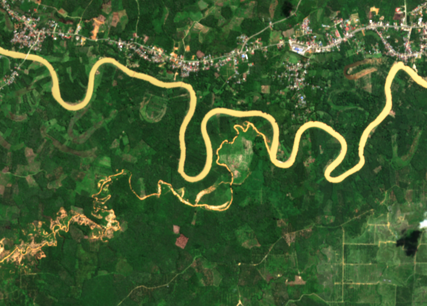True-color (RGB) satellite view of the Sungai Salembau entering the Batang Tembesi — the color difference at the confluence is subtle and easy to miss